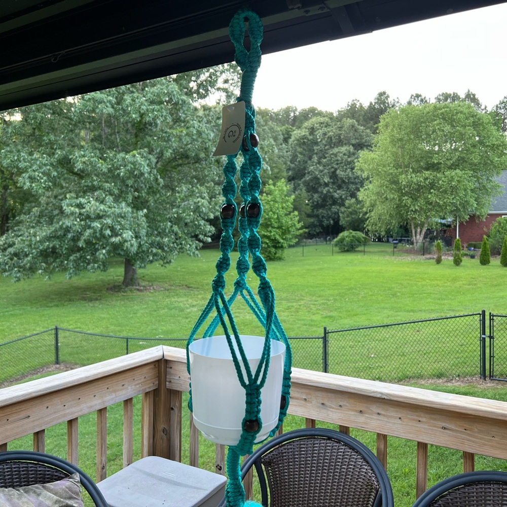 Vibrant Teal Macramé Plant Hanger with Beads